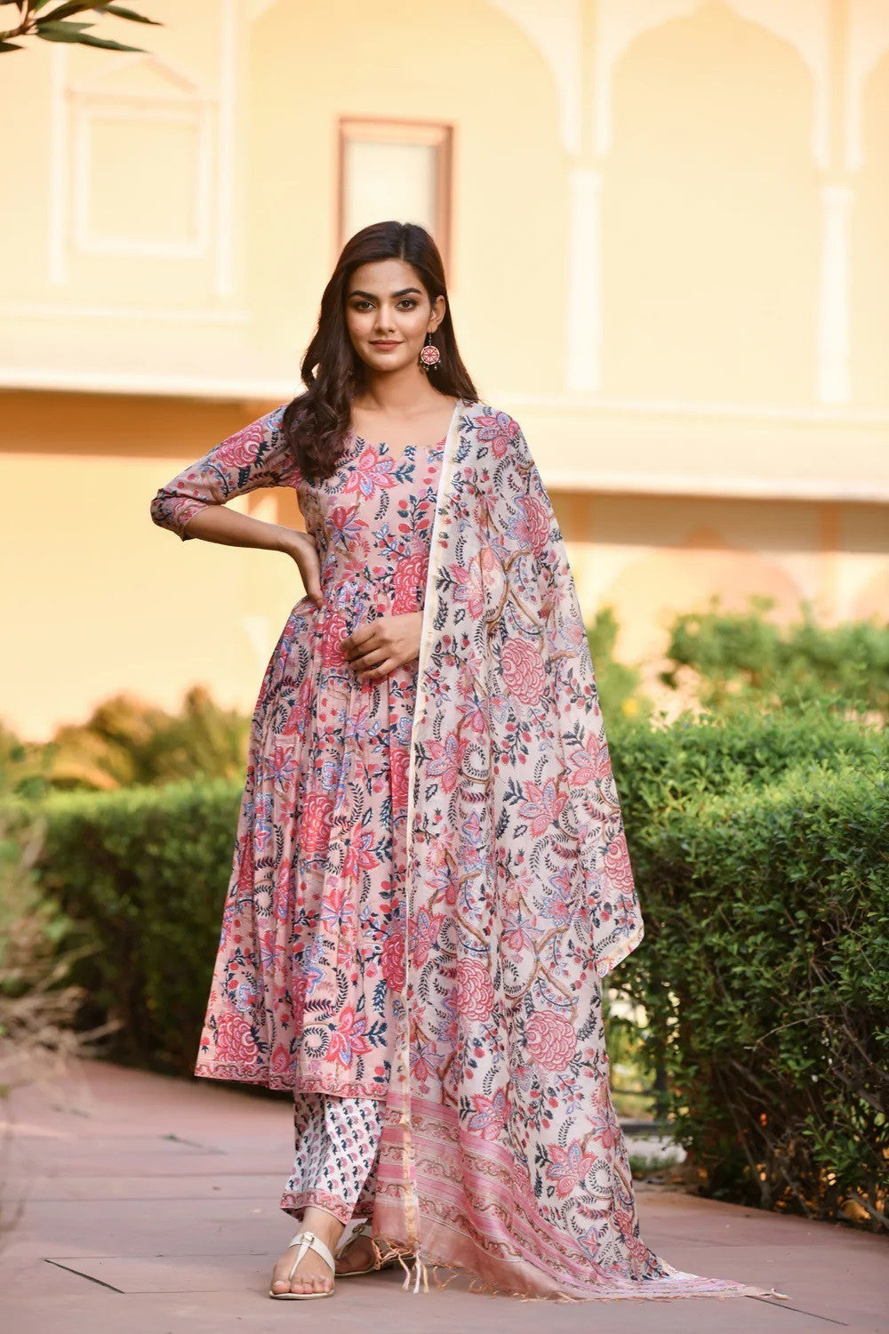 Peach & Baby Pink Printed Fancy Kurti With Bottom Dupatta set