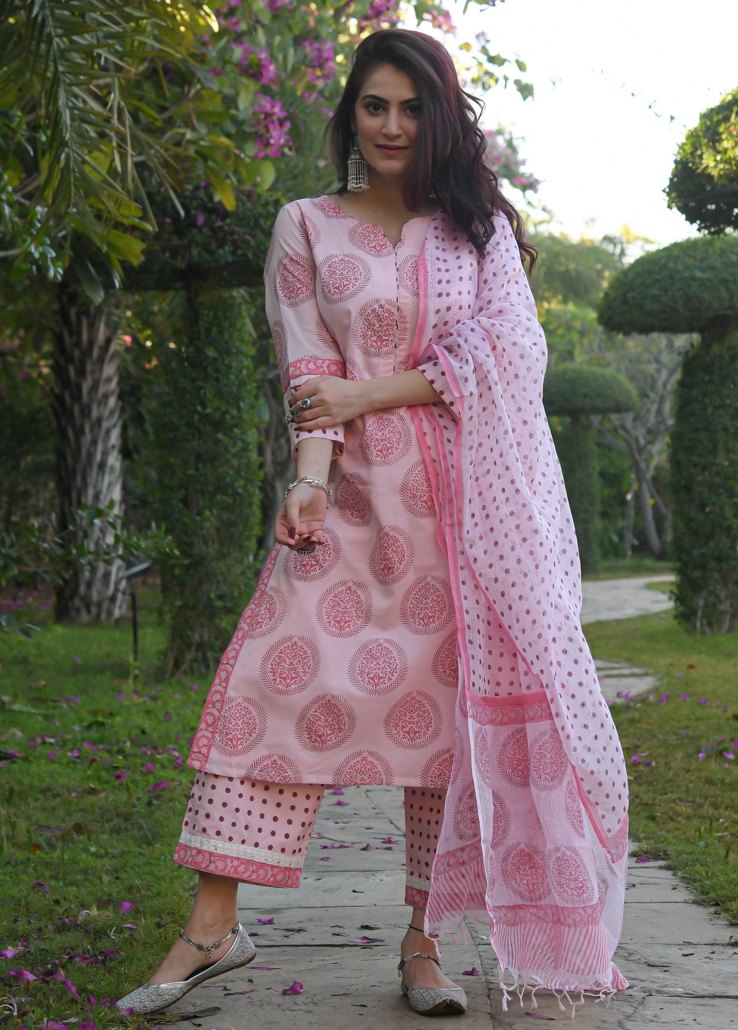 Baby Pink Printed Fancy Kurti With Bottom Dupatta set