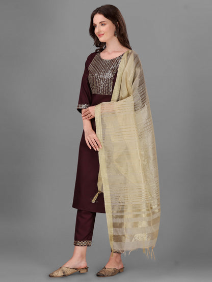 Womens Maroon Colour Cotton Kurta Pant With Dupatta Set