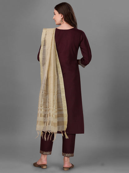 Womens Maroon Colour Cotton Kurta Pant With Dupatta Set