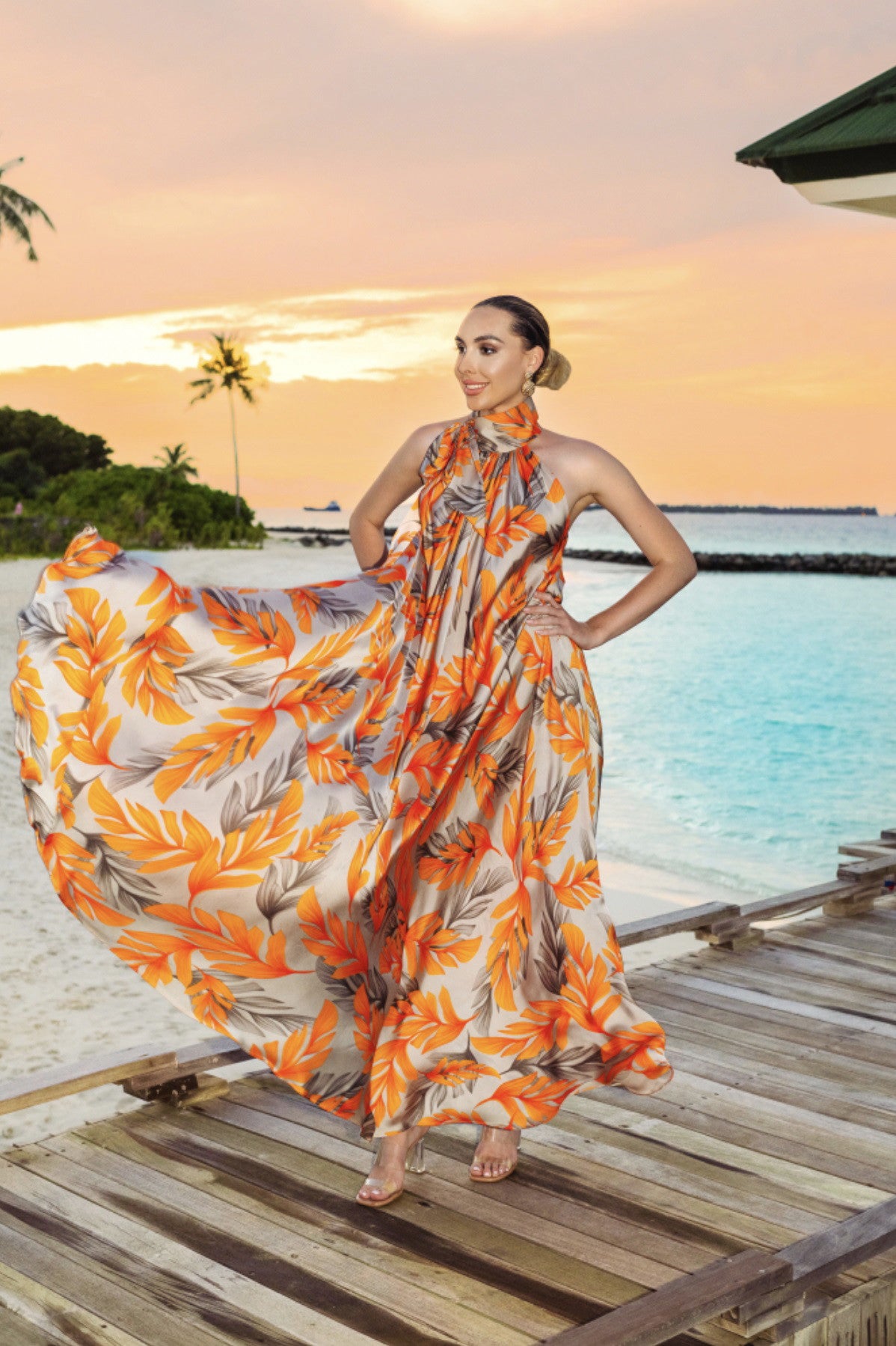 Orange Premium Persian Silk Printed Beach Party Outfit