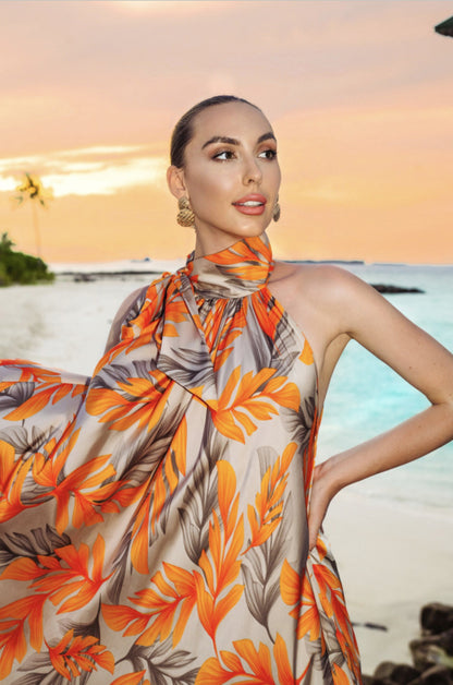 Orange Premium Persian Silk Printed Beach Party Outfit