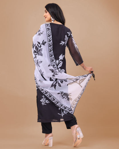 Floral Design Black Kurta Set with Bottom and Dupatta