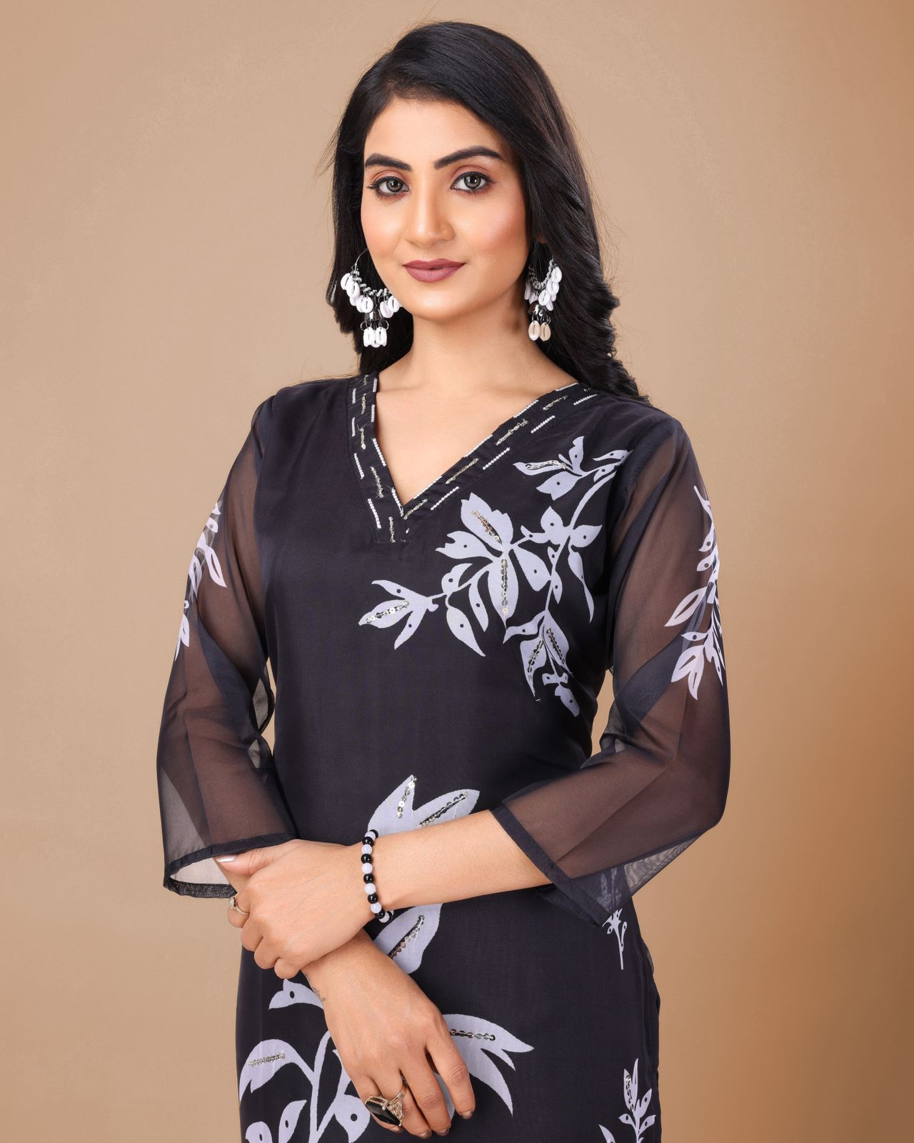 Floral Design Black Kurta Set with Bottom and Dupatta