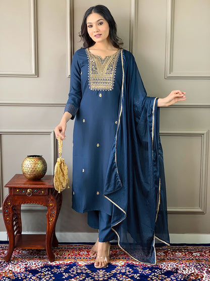 Women Embroidered Rayon Slub Straight Kurta With Pant Dupatta Set