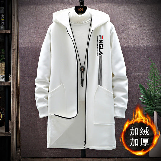 Autumn and winter youth long hooded trench coat Korean large size with fleece and thick medium long cotton-padded clothes male