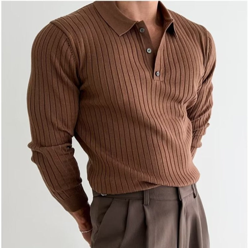 Lapel Button Long Sleeve Polo Shirt Slim Fashion Solid Striped Knitted Bottoming Shirt Top Men's Clothing