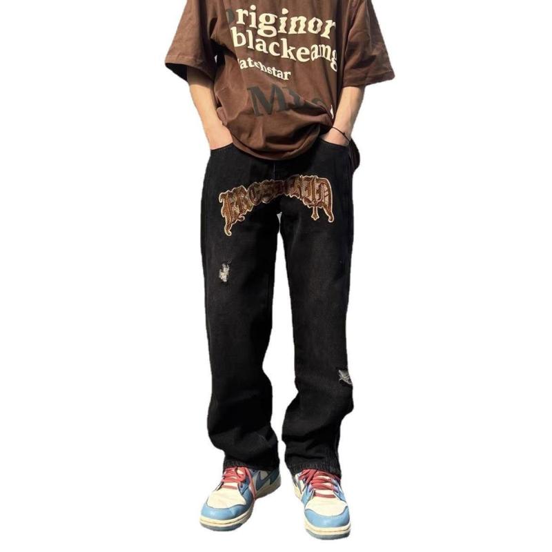 Embroidered jeans men's loose straight ins Hong Kong style hiphop wide leg pants Europe and the United States tide brand hiphop pants high street