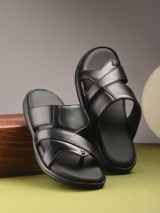 Mens Puffy Cloud Black Leather Slippers