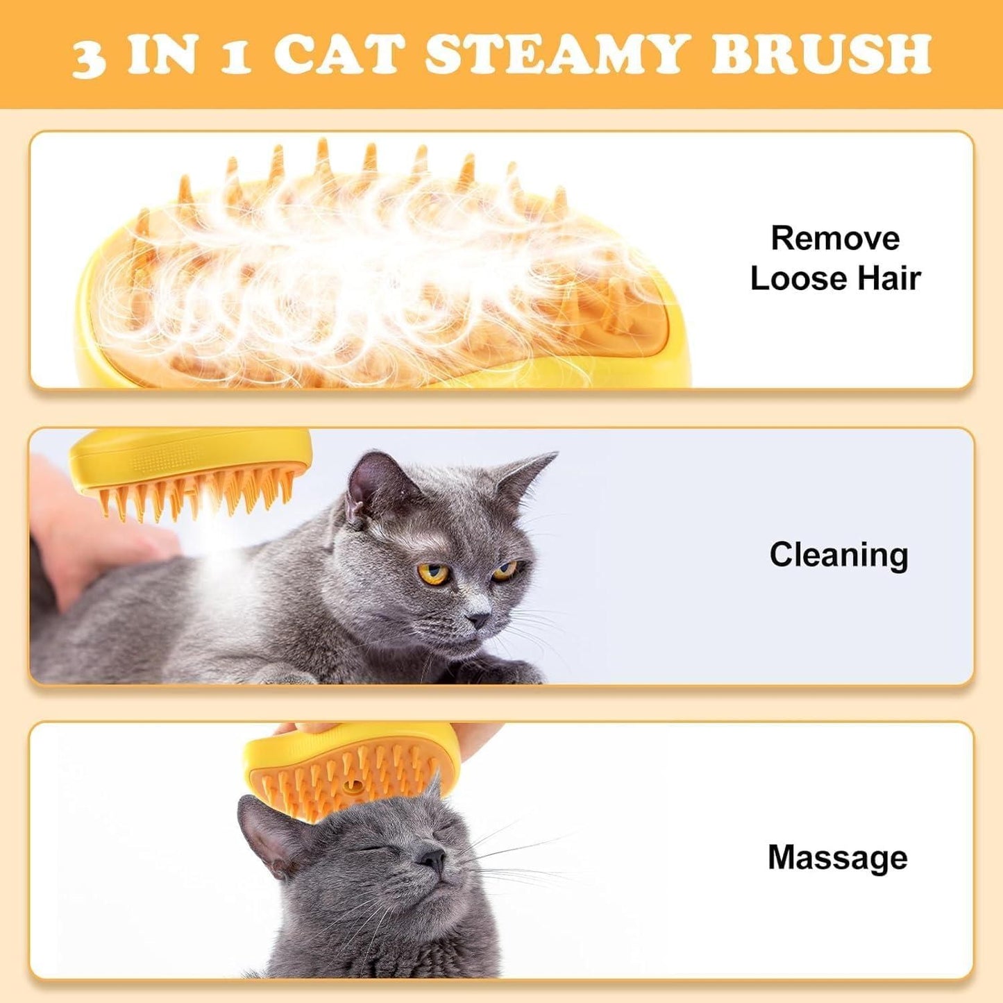 "3-in-1 Steamy Pet Cat Brush Cleanser Vapor: Steaming Pet Hair Brush"