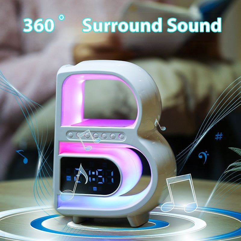 2024 New B-Shaped Blutooth Speaker Multifunctional Smart Music Rhythm Lighting Phone Wireless Charger TF Card AUX Input Standard Mode