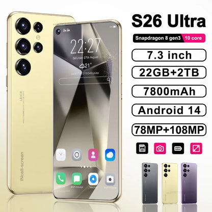 Original S26 Ultra Smartphone 5G 7.3inch HD 22G+2TB Cell Phone Dual SIM Mobile Phones 78+108MP 7800mAh Android 14 Unlocked NFC