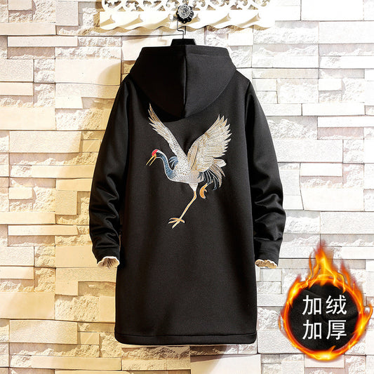 Autumn and winter large size with velvet and thick medium length Chinese wind crane embroidery medium length hooded with velvet windbreaker coat for men