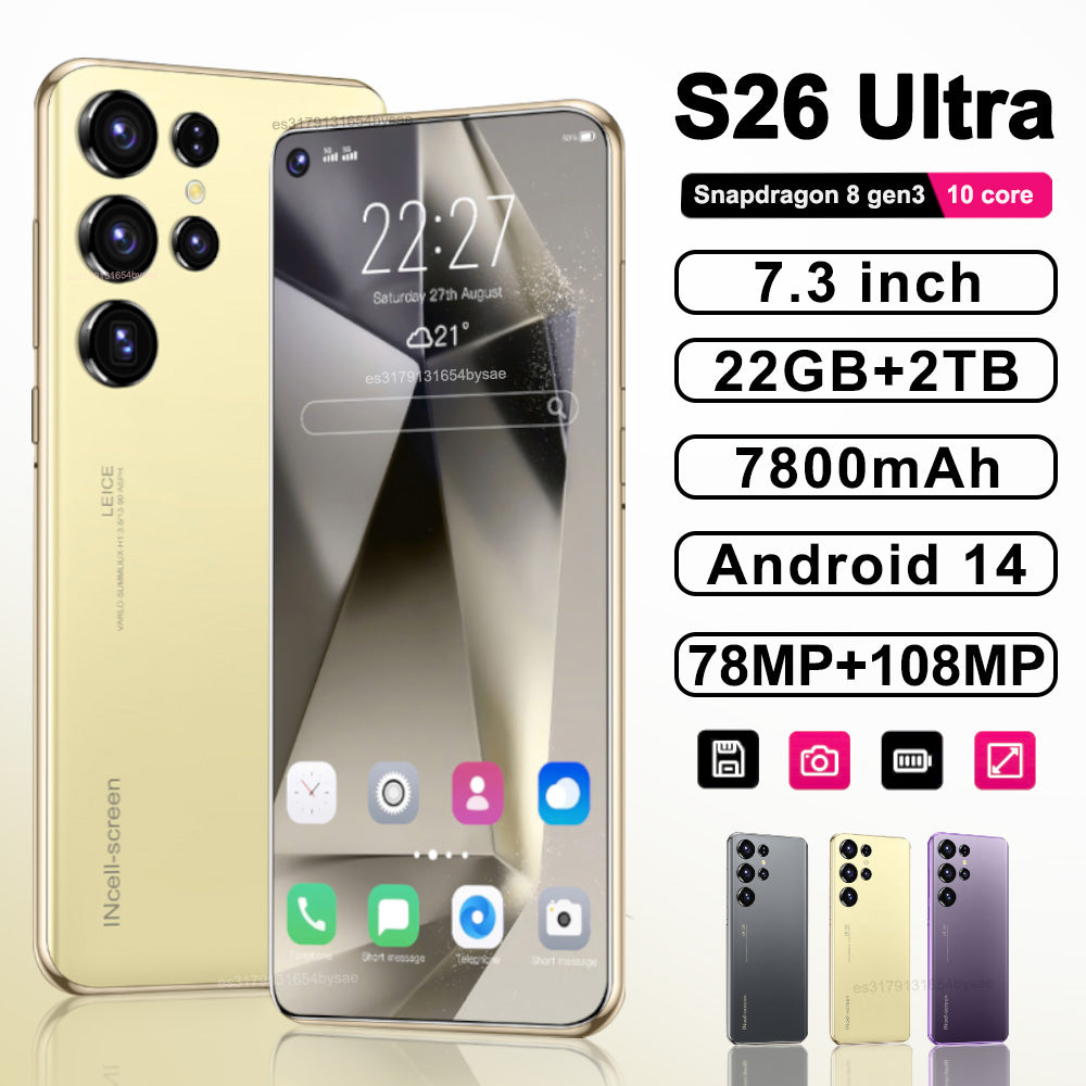 Original S26 Ultra Smartphone 5G 7.3inch HD 22G+2TB Cell Phone Dual SIM Mobile Phones 78+108MP 7800mAh Android 14 Unlocked NFC