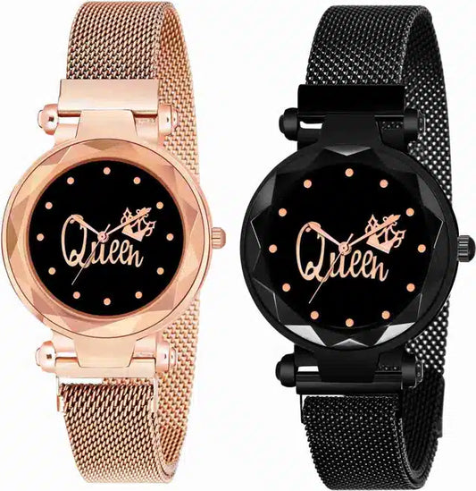 Queen Dial Analog Chain Watch for Women (Pack of 2) (Black & Gold)