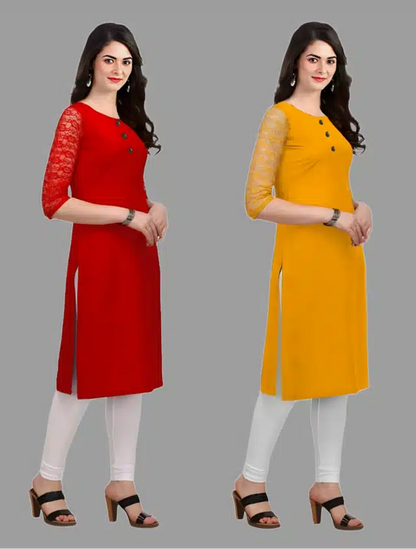 Crepe Solid Kurtis for Women (Pack of 2) (Red & Yellow, XS)