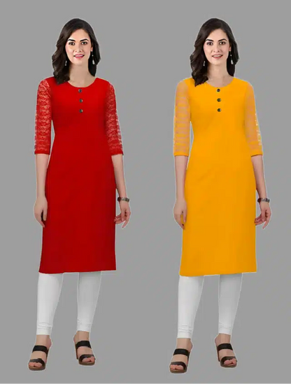 Crepe Solid Kurtis for Women (Pack of 2) (Red & Yellow, XS)