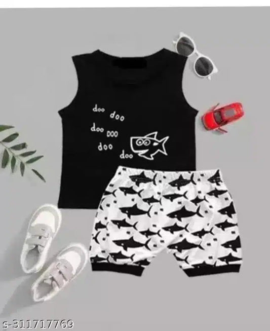 Cotton Clothing Set for Kids (Black & White, 0-3 Months)