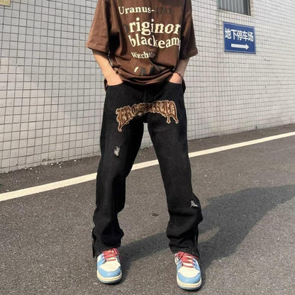 Embroidered jeans men's loose straight ins Hong Kong style hiphop wide leg pants Europe and the United States tide brand hiphop pants high street