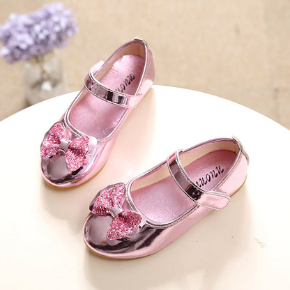 Student Dance Performance Shoes Sequin Bow Kids Leather Princess Style